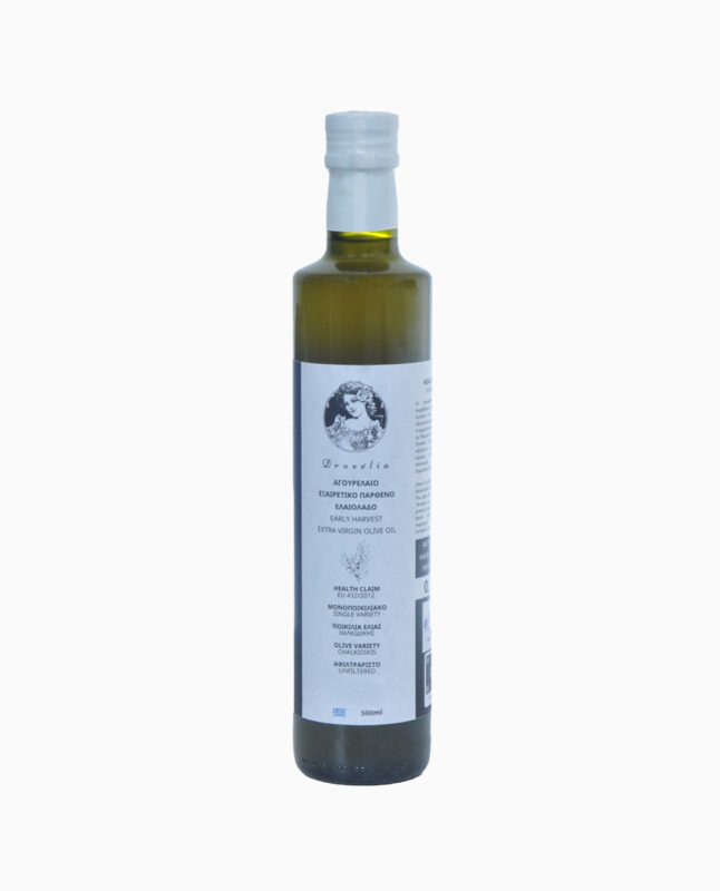 Γυάλινο μπουκάλι με extra παρθένο ελαιόλαδο απο τον παραγωγό DROSELIA ποικιλία αγουρέλαιο Χαλκιδικής
