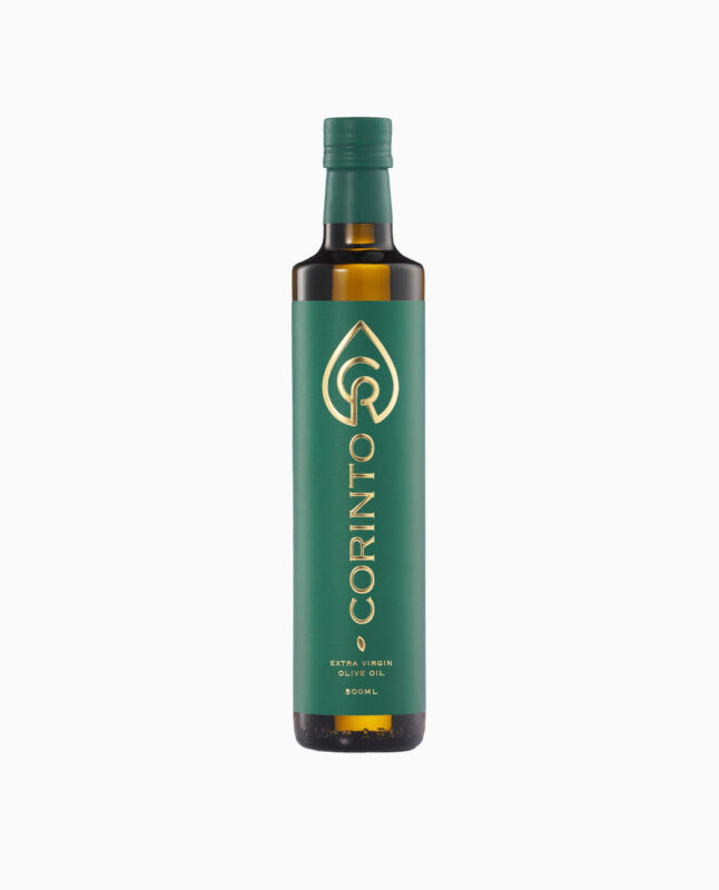 Extra παρθένο ελαιόλαδο σε πράσινο γυάλινο μπουκάλι από τον παραγωγό Corinto